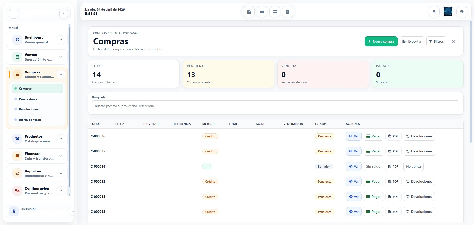 Vista de Compras en GUINO